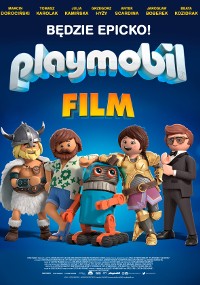 Plakat promujący film Playmobil: The Movie przedstawiający animowane postacie Playmobil, m.in. wikinga, mężczyznę i kobietę, robota oraz mężczyznę w garniturze, którzy wszyscy stoją na niebieskim tle z logo Playmobil.