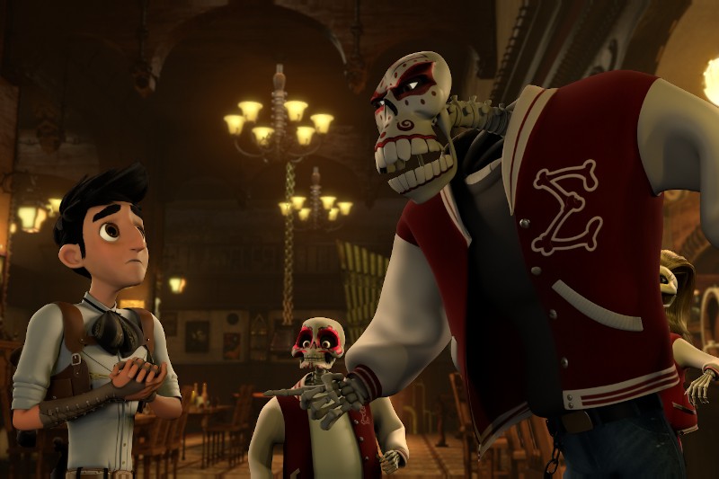 Ożywiony młody mężczyzna o ciemnych włosach i zmartwionym wyrazie twarzy staje twarzą w twarz z dużym szkieletem w czerwonej kurtce uniwersyteckiej. Szkielet wydaje się konfrontować z nim w słabo oświetlonym, ozdobnym pokoju.