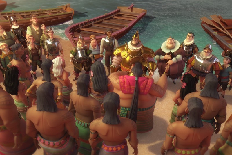 Grupa ożywionych rdzennych mieszkańców stoi na plaży naprzeciwko grupy europejskich odkrywców w wymyślnych strojach, za nimi widać drewniane łodzie, a w tle morze.