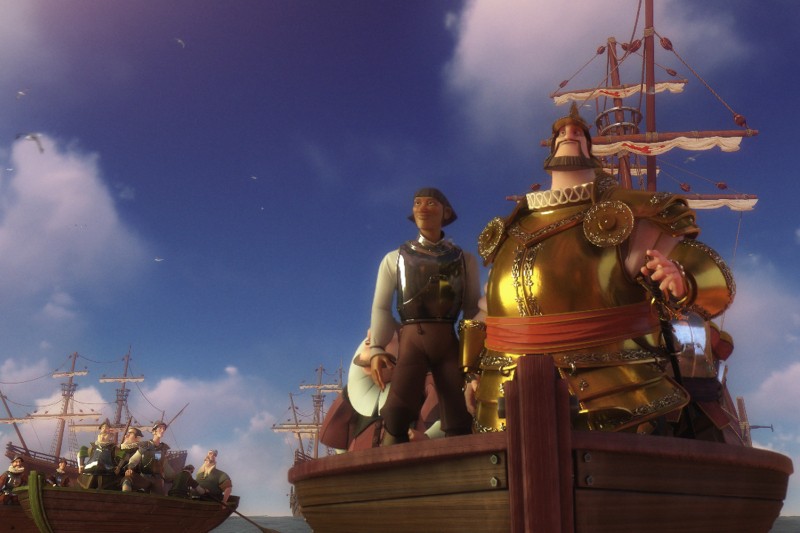 Animowana scena przedstawiająca dwóch marynarzy stojących na drewnianym statku, jeden w złotej zbroi, a drugi w prostym ubraniu. W tle, pod błękitnym niebem z chmurami i ptakami, widać więcej statków i marynarzy.
