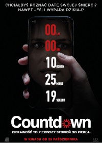 Osoba trzyma smartfon wyświetlający licznik czasu z godzinami, minutami i sekundami. Polski tekst powyżej i poniżej reklamuje horror „Countdown”, którego premiera odbędzie się 25 października.