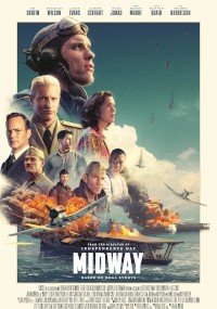 Plakat filmowy do filmu Midway przedstawiający pilotów, postacie wojskowe, eksplozje, samoloty bojowe w akcji i statki na morzu, z dramatycznymi chmurami i oceanem w tle. Tytuł i nazwiska aktorów są widoczne.