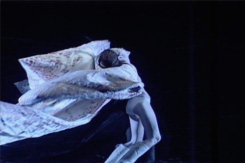 Tancerka baletowa w dramatycznej pozie odchyla się do tyłu, z wyciągniętymi przed siebie ramionami, owinięta dużymi, powiewającymi skrzydłami z materiału, na ciemnym tle.