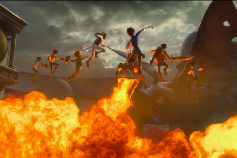 Kilka animowanych postaci wyskakuje w powietrze, gdy pod nimi wybuchają ogniste płomienie. W tle widać duże stworzenie przypominające dinozaura, a na niebie widać efektowne chmury.