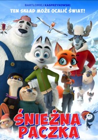 Animowany plakat filmowy przedstawiający postacie zwierząt, w tym niedźwiedzia polarnego, lisa, wilka, renifera i innych, stojących w śnieżnym otoczeniu. Polski tytuł Śnieżna Paczka pojawia się na dole pogrubionymi czerwonymi literami.
