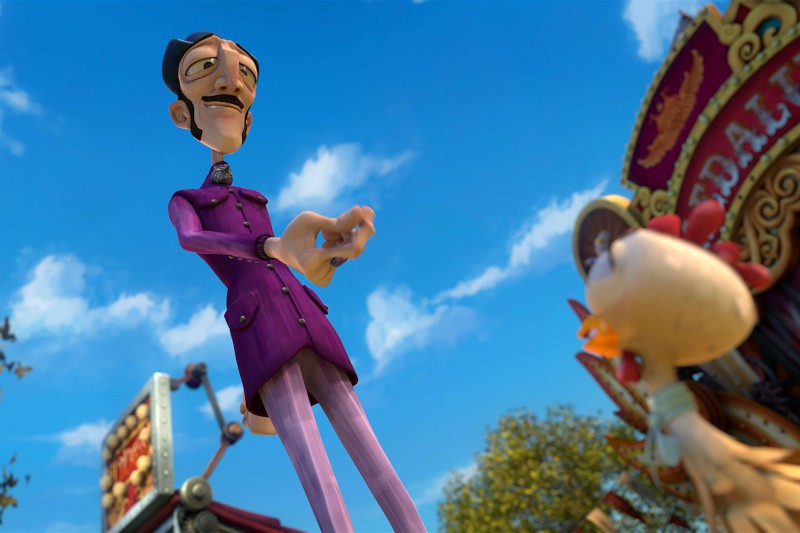 Wysoki, animowany mężczyzna w fioletowym garniturze stoi ze złożonymi rękami, patrzy w dół i się uśmiecha. W tle widać kolorowe karnawałowe otoczenie ze znakami, drzewami i czystym, błękitnym niebem.