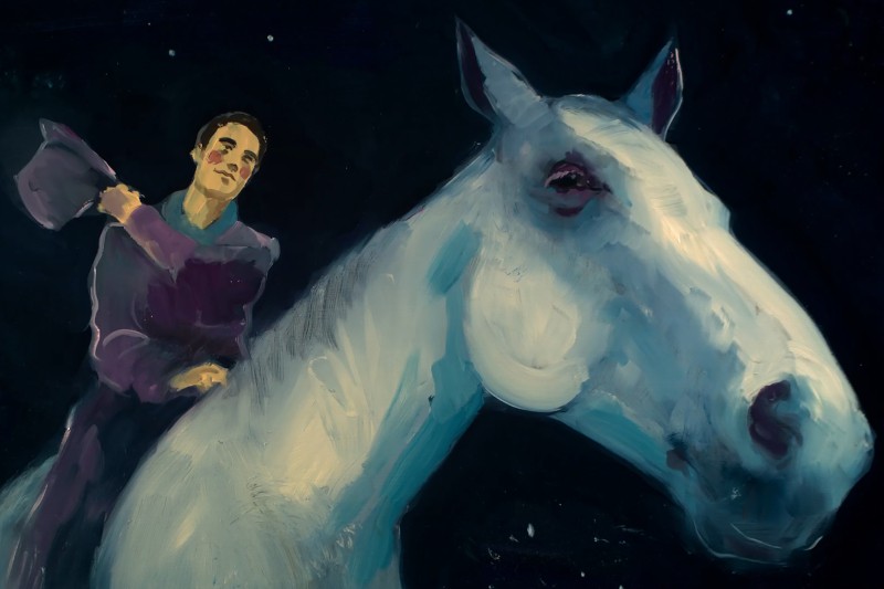 Osoba w ciemnym ubraniu siedzi na dużym białym koniu nocą, podnosząc kapelusz w jednej ręce. Scena ma malarski, marzycielski styl z chłodnymi niebieskimi i fioletowymi tonami.