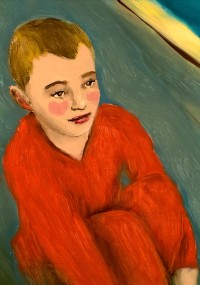 Obraz przedstawiający młodego chłopca z krótkimi blond włosami, ubranego w czerwony strój, siedzącego na ziemi z zamyślonym wyrazem twarzy. Tło jest abstrakcyjne, z niebieskimi i żółtymi tonami.