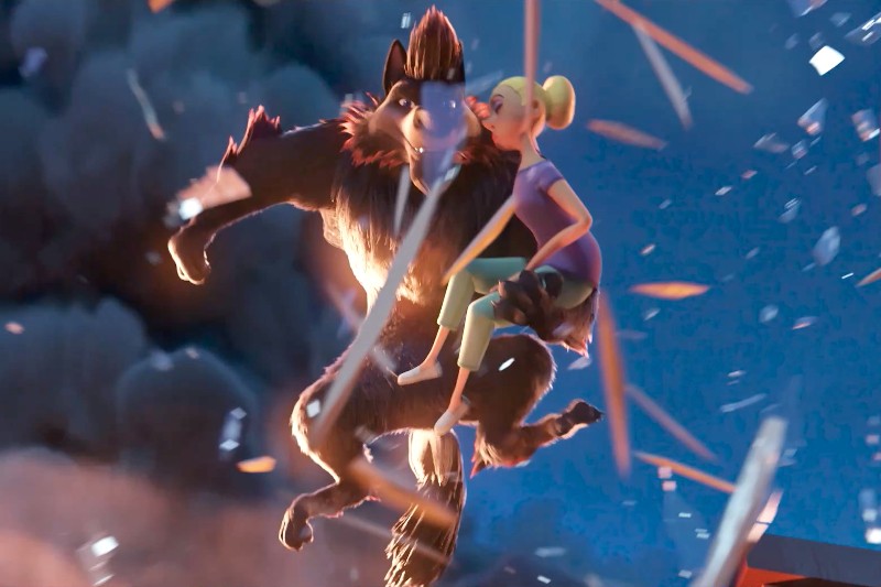 Postać wilka z kreskówki skacze w powietrzu, niosąc młodą kobietę. Wokół nich latają szczątki i iskry, tworząc poczucie akcji i pilności. Scena jest dramatyczna i dynamiczna, z ciemnym, zadymionym tłem.