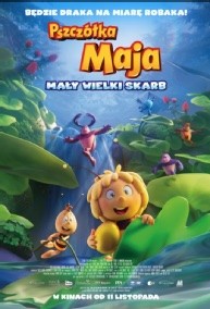 Kolorowy plakat filmowy do Pszczółki Maja: Mały Wielki Skarb przedstawiający animowane pszczoły i owady w bujnym, zielonym lesie. Główni bohaterowie, uśmiechnięci, są na pierwszym planie w ekspresyjnych pozach.