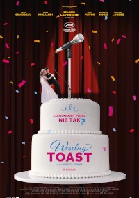 Plakat filmowy przedstawiający dwupoziomowy biały tort weselny z mikrofonem na górze. Miniaturowe postacie panny młodej i pana młodego stoją na torcie. W tle czerwone zasłony i konfetti. Tekst i napisy końcowe są wyświetlane powyżej i na torcie.