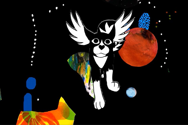 Czarno-biały rysunek psa z dużymi skrzydłami znajduje się na ciemnym tle, a wokół niego znajdują się kolorowe, abstrakcyjne kształty, kropki i czerwona kula przypominająca planetę.
