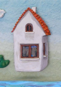 Mały, biały domek z dachem krytym czerwoną dachówką i oknami w brązowych ramach, przedstawiony w glinianym lub malowanym stylu, stoi wśród zieleni i wody pod jasnoniebieskim niebem.