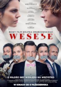 Polski plakat filmowy do filmu „Wesele” przedstawiający dwie osoby zwrócone ku sobie u góry, a poniżej cztery osoby dorosłe, wszystkie z zaklejonymi taśmą ustami. Tytuł i napisy końcowe są napisane po polsku.