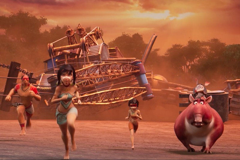 Cztery animowane postacie i dwa zwierzęta biegną w stronę widza, za nimi widać wielką, rozbitą drewnianą konstrukcję, o zachodzie słońca, w otoczeniu drzew i kurzu.