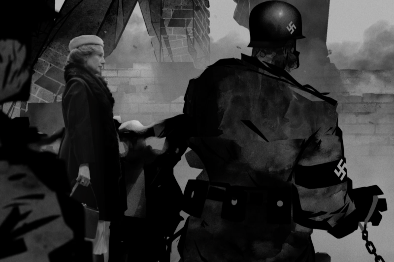 Czarno-biała ilustracja przedstawia kobietę w płaszczu i kapeluszu stojącą obok nazistowskiego żołnierza w mundurze i hełmie, na tle gruzów i zniszczonych budynków, co przywodzi na myśl sceny z czasów wojny.