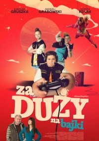 Na plakacie do filmu Za Duży na Bajki widać chłopca grającego w gry wideo w otoczeniu dorosłych i dzieci. Całość umieszczono na czerwonym tle, z wesołą grafiką i tytułem filmu zapisanym dużymi, białymi i niebieskimi literami.