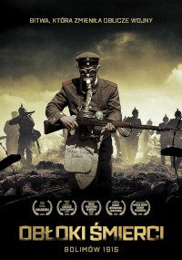 Żołnierz w masce gazowej i mundurze stoi trzymając łopatę na zadymionym polu bitwy, a za nim stoją inni zamaskowani żołnierze. Na plakacie znajduje się polski tekst i kilka symboli nagród na dole.