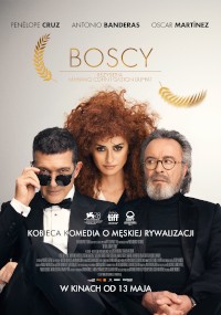 Trzy osoby pozują na jasnym tle: mężczyzna w garniturze z okularami przeciwsłonecznymi, kobieta z kręconymi rudymi włosami w centrum i starszy mężczyzna w okularach i z brodą. Na plakacie widnieje tytuł Boscy i polski tekst.