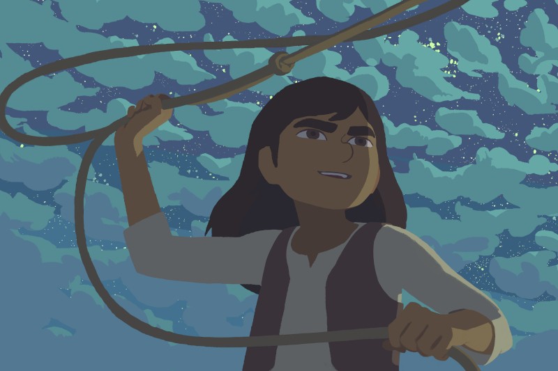 Animowana postać z długimi, ciemnymi włosami trzyma pętlę z liny na tle nieba pełnego chmur i gwiazd. Wygląda na zdeterminowaną.