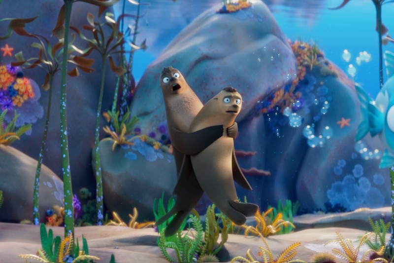 Dwa animowane lwy morskie stoją pionowo pod wodą otoczone kolorowymi roślinami i skałami. Jeden lew morski trzyma drugiego w ramionach, obaj ze zdziwionymi minami. Tło zdobią bąbelki i koralowce.