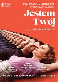 Polski plakat filmowy do filmu Jestem Twój przedstawiający powtarzający się obraz mężczyzny leżącego obok kobiety, którego twarz stopniowo zmienia wyraz w całym rzędzie. Tytuł i napisy końcowe pojawiają się powyżej w białym i pomarańczowym tekście.