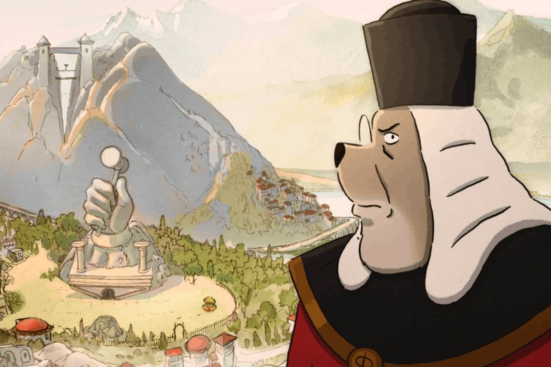 Na pierwszym planie stoi sędzia z psią twarzą i w tradycyjnej todze, spoglądając na fantastyczny krajobraz z górą, miastem i dużą rzeźbą ręki trzymającej młotek.