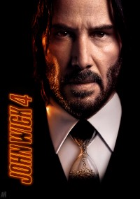Zbliżenie poważnego mężczyzny z długimi włosami i brodą, ubranego w garnitur i krawat, z napisem John Wick 4 napisanym pionowo pogrubionymi żółtymi literami po lewej stronie.