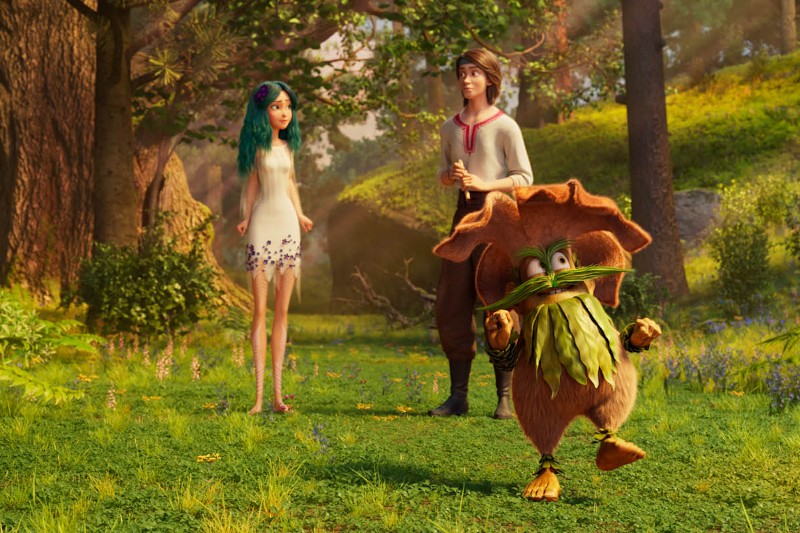 Animowana scena pokazuje młodą kobietę z zielonymi włosami i białą sukienką oraz młodego mężczyznę stojącego w rozświetlonym słońcem lesie. Na pierwszym planie małe, komiczne stworzenie o liściastych rysach biegnie energicznie.