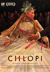 Namalowany plakat filmowy Chłopi przedstawia młodą kobietę w białej sukience i kwiatowym nakryciu głowy, patrzącą w bok z wyrazem szoku, otoczoną ludźmi. Tekst i loga festiwalu filmowego pojawiają się powyżej i poniżej.