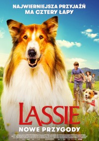 Plakat filmu Lassie: Nowe Przygody przedstawia psa collie na pierwszym planie i grupę dzieci biegnących z innym psem na słonecznym, trawiastym polu. Polski tytuł i slogan pojawiają się powyżej i poniżej.