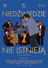 Plakat do filmu Niedźwiedzie nieszczęścia przedstawia mężczyznę robiącego zdjęcie grupie osób siedzących i stojących razem na niebieskim tle, a tytuł filmu jest napisany dużymi żółtymi literami.
