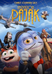 Animowany plakat filmowy przedstawia niebieskiego pająka w smokingu trzymającego lupę, otoczonego przez różne postacie z kreskówek. W tle samoloty i błękitne niebo. Tekst brzmi: Inspektor Pająk.