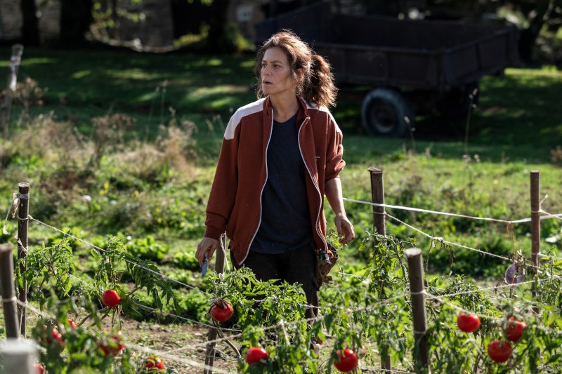 Kobieta z kręconymi włosami, ubrana w kurtkę w kolorze rdzy, stoi w ogrodzie warzywnym otoczonym krzakami pomidorów. Wydaje się skupiona i patrzy w bok. W tle widać zieleń i przyczepę.