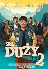 Plakat filmu Za Duży na Bajki 2 przedstawia pięć postaci na pierwszym planie o wyrazistych twarzach, na tle kolorowego górskiego krajobrazu. W tle widoczny jest niedźwiedź. Tytuł jest widoczny.
