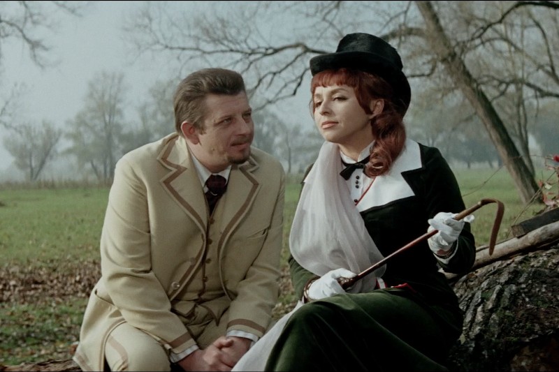 Mężczyzna i kobieta w ubraniach z epoki wiktoriańskiej siedzą na zewnątrz na pniu drzewa. Mężczyzna ma na sobie beżowy garnitur, a kobieta w zielonej sukience i czarnym kapeluszu trzyma laskę. Tło stanowi mglisty, pokryty liśćmi park z nagimi drzewami.