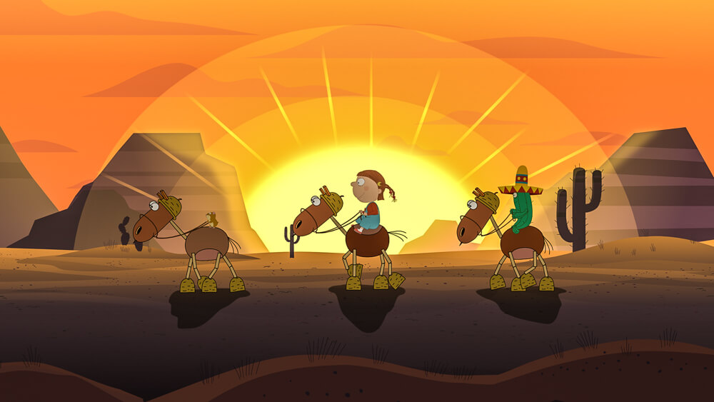 Scena z kreskówki przedstawia trzy konie z dzieckiem i zielonym kaktusem jadące na tle zachodzącego słońca na pustyni. W tle widać kaktusy i płaskowyże, a niebo wypełniają jaskrawe pomarańczowe i żółte barwy.