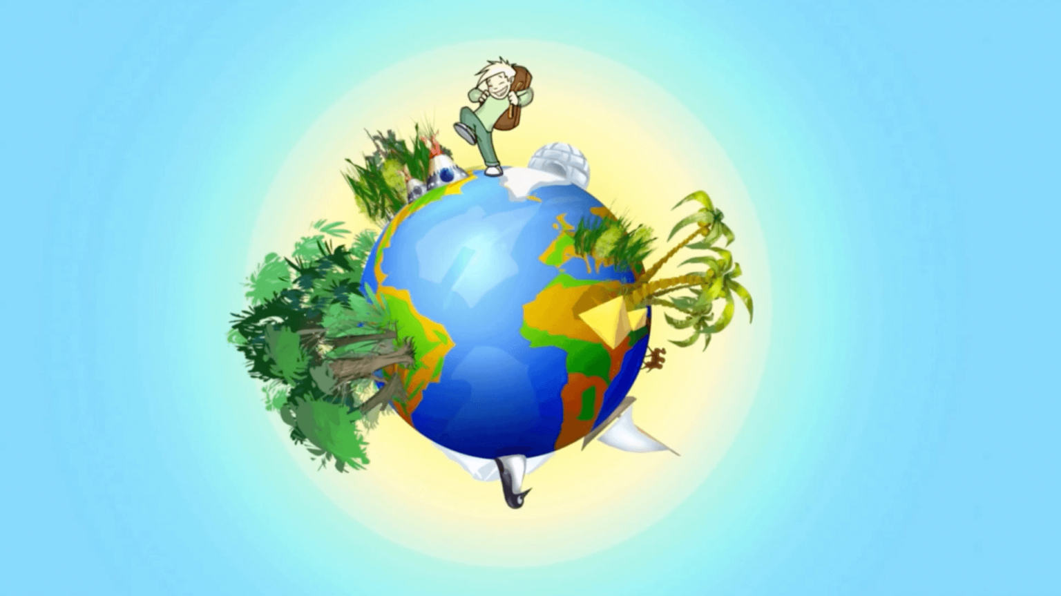 Kreskówkowy globus z różnymi drzewami, roślinami i zwierzętami wokół niego. Osoba stoi na szczycie, trzyma lornetkę i rozgląda się dookoła. Tło jest jasnoniebieskim gradientem z świetlistą aureolą wokół Ziemi.