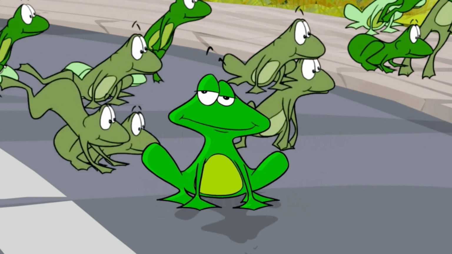 Kreskówkowa żaba ze znudzonym wyrazem twarzy siedzi na ulicy, otoczona innymi animowanymi żabami, które sprawiają wrażenie, jakby skakały lub energicznie się poruszały.
