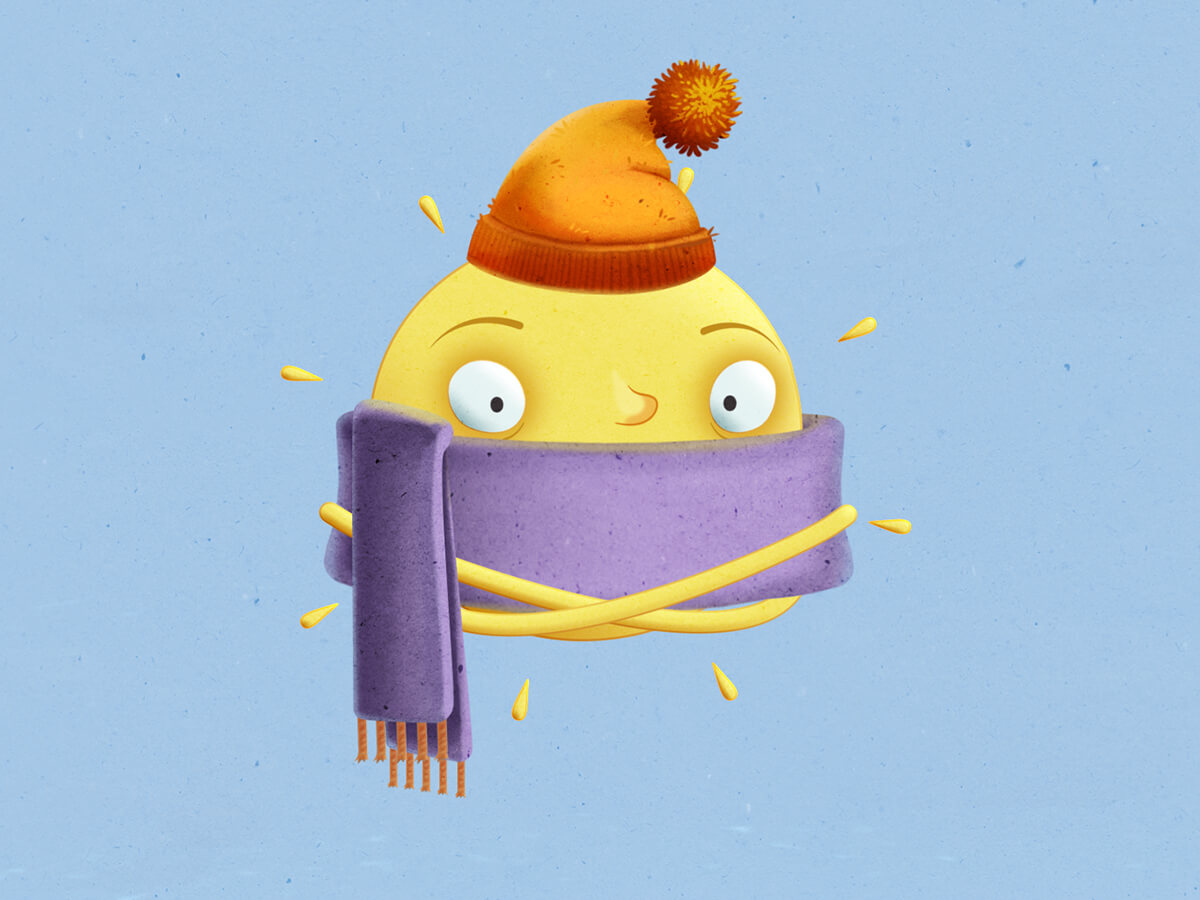 Żółta twarz z kreskówki o szeroko otwartych oczach, ubrana w pomarańczową zimową czapkę, ciasno owinięta fioletowym szalikiem na jasnoniebieskim tle.