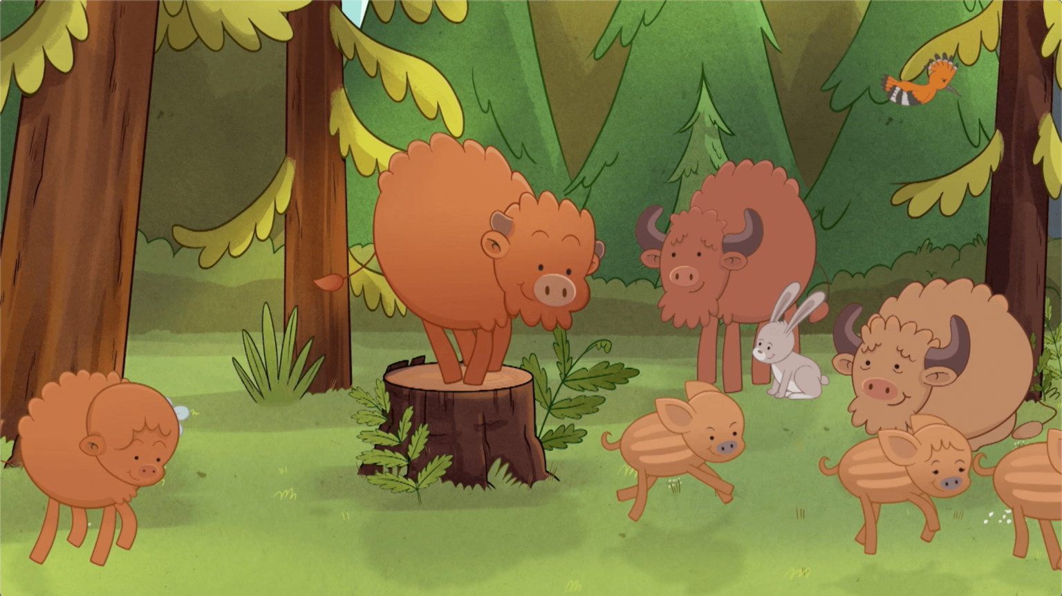 Scena z kreskówki przedstawiająca cztery bizony, dwa dziki, królika i ptaka w zielonym lesie. Jeden bizon stoi na pniu drzewa, podczas gdy pozostałe są na trawie wśród drzew i roślin. Zwierzęta wydają się szczęśliwe i zabawne.