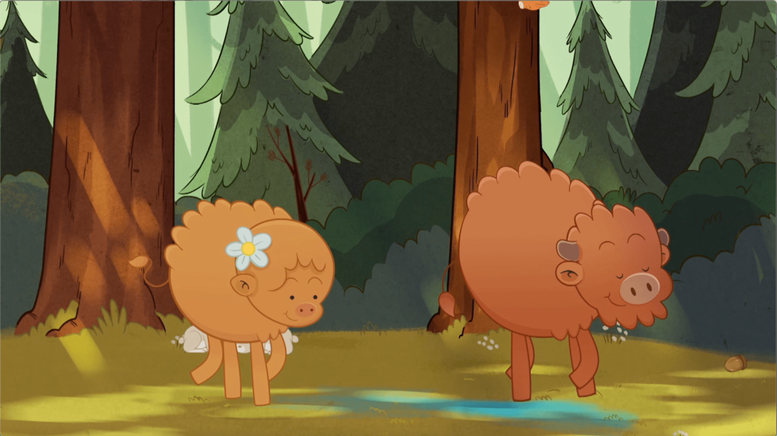 Dwa kreskówkowe bizony stoją na leśnej polanie. Jeden ma kwiat za uchem i się uśmiecha, podczas gdy drugi pochyla się, aby napić się z niebieskiej kałuży. Tło wypełniają wysokie drzewa i zielone liście.