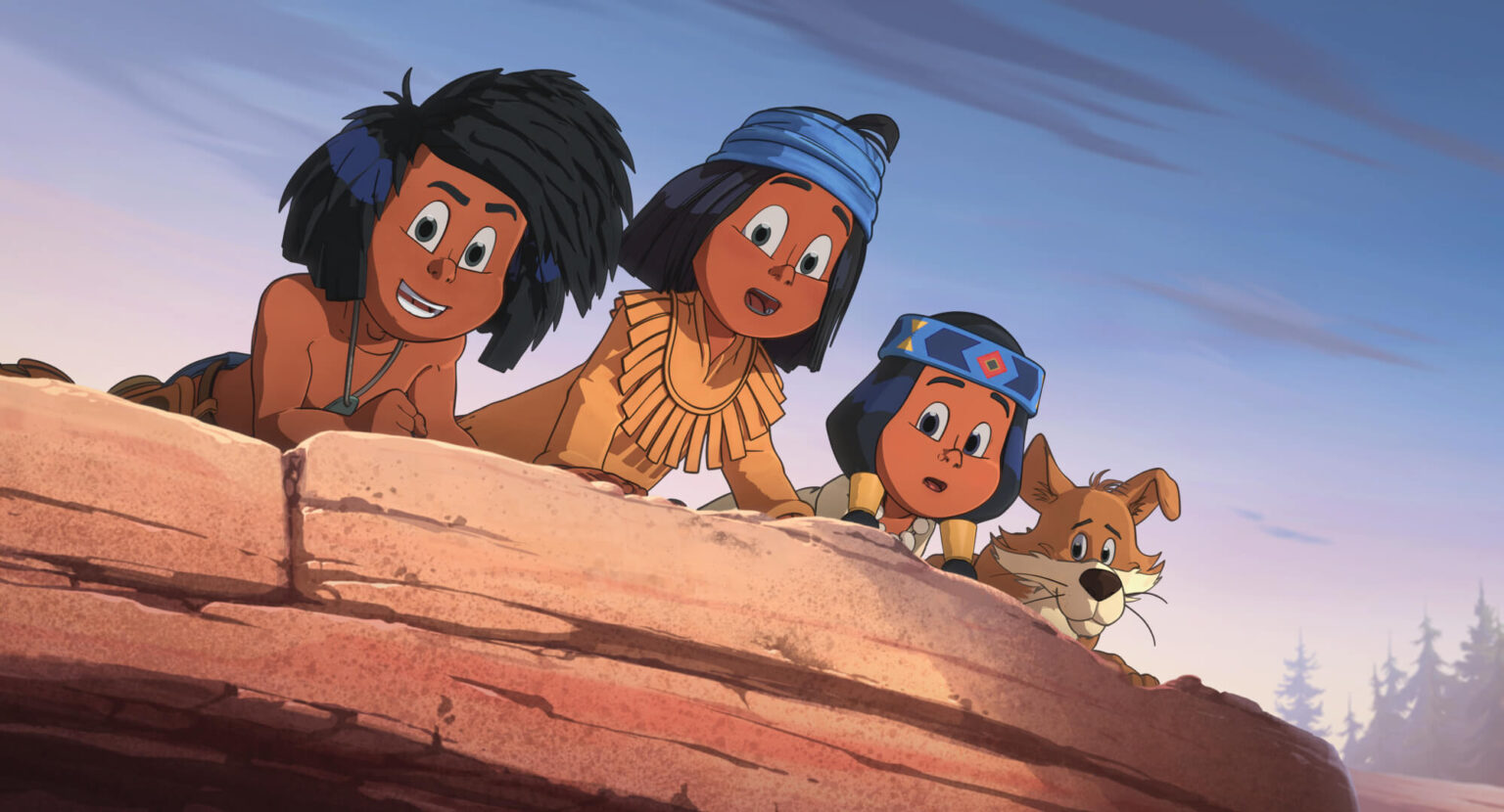 Czwórka animowanych dzieci w strojach inspirowanych Indianami i pies pochylają się nad półką skalną, patrząc w dół z ciekawymi i podekscytowanymi minami. Niebo jest niebieskie z miękkimi chmurami w tle.