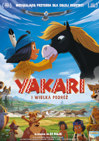 Animowany plakat filmowy przedstawiający młodego indiańskiego chłopca dotykającego nosami czarno-białego konia. W tle pojawiają się inne animowane zwierzęta i dzieci, z kolorową scenerią i tekstem po polsku.