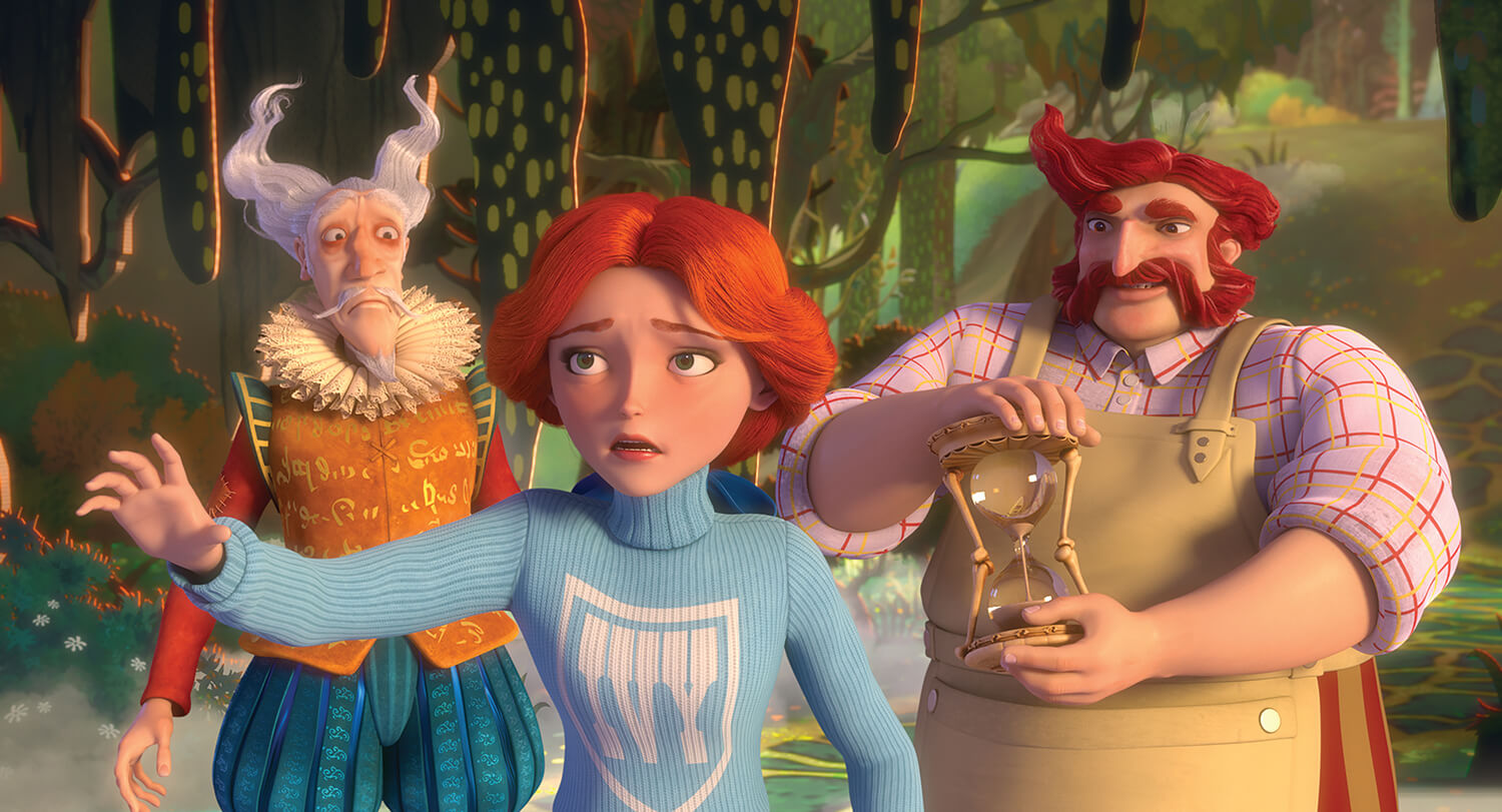 Trzy animowane postacie stoją w lesie: zmartwiona, rudowłosa dziewczyna ubrana na niebiesko gestem wskazuje naprzód, podczas gdy starszy mężczyzna z białymi włosami i krezą oraz tęgi mężczyzna z rudymi włosami trzymający klepsydrę stoją za nią.