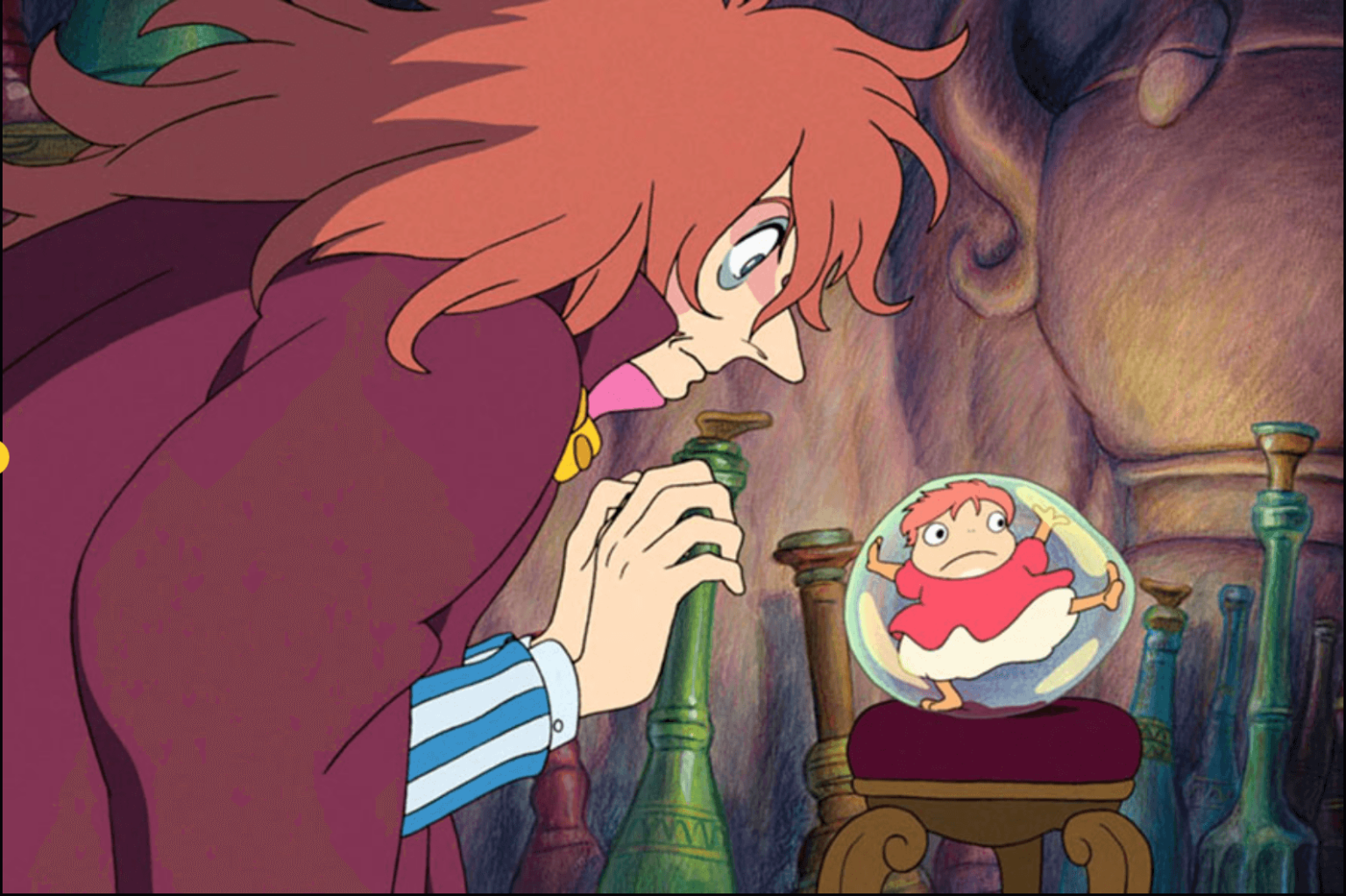 Rudowłosa postać ze zdziwionym wyrazem twarzy pochyla się w stronę małej dziewczynki z rudymi włosami uwięzionej w szklanej bańce, otoczonej kolorowymi butelkami. Scena ma kapryśny, animowany styl.