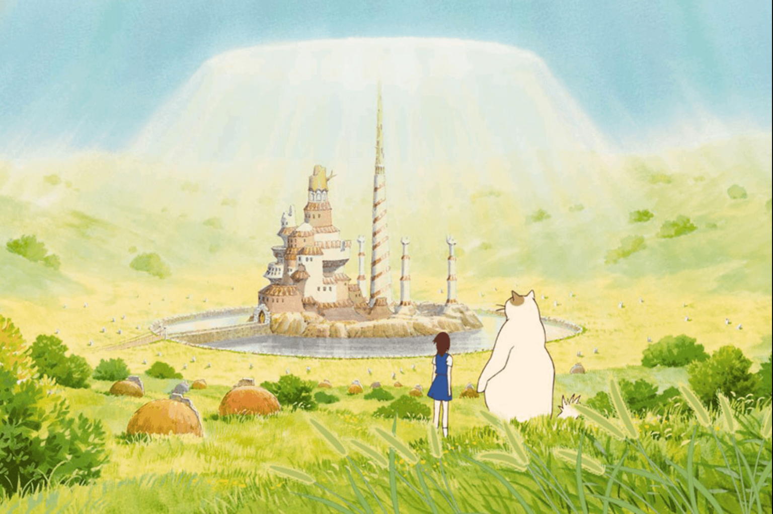 Dziewczynka i duże, białe stworzenie stoją na trawiastym polu i wpatrują się w fantazyjny zamek z wysokimi, spiralnymi wieżami w oddali, pod jasnym, błękitnym niebem.
