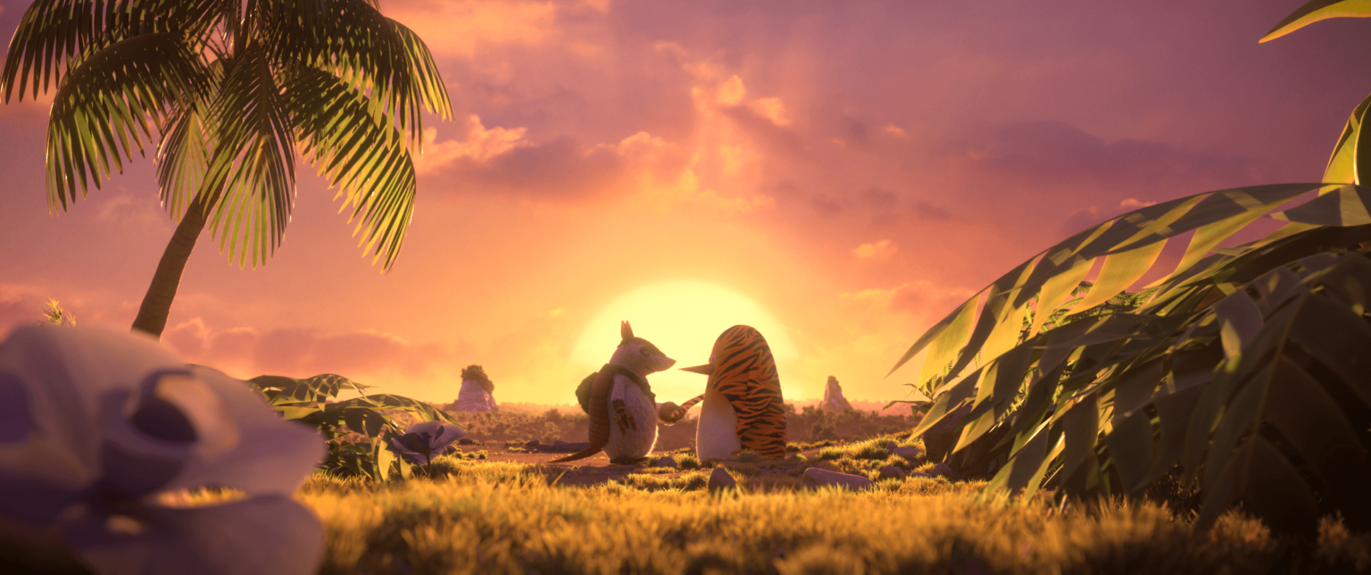 Dwa animowane zwierzęta, kangur i tygrys, siedzą obok siebie na trawie, patrząc na kolorowy zachód słońca. Liście palmowe i duże kwiaty oprawiają scenę ciepłym, złotym blaskiem na niebie.