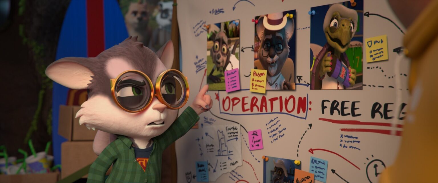 Animowany królik w dużych, okrągłych okularach wskazuje na tablicę przestępstw pokrytą zdjęciami, notatkami i sznurkami, oznaczoną jako Operation Free. Królik wygląda na zdeterminowanego i jest w trakcie zdania, angażując się w rozmowę z inną niewidoczną postacią.