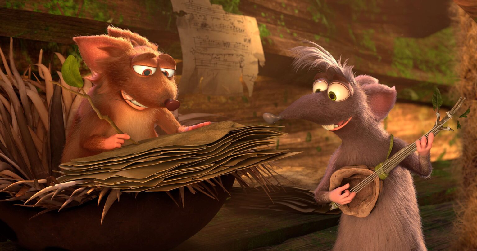 Dwa animowane szczury znajdują się w przytulnym otoczeniu; jeden trzyma stos papierów, prawdopodobnie nuty, podczas gdy drugi gra na małym instrumencie strunowym. Nuty wiszą na drewnianej ścianie za nimi.